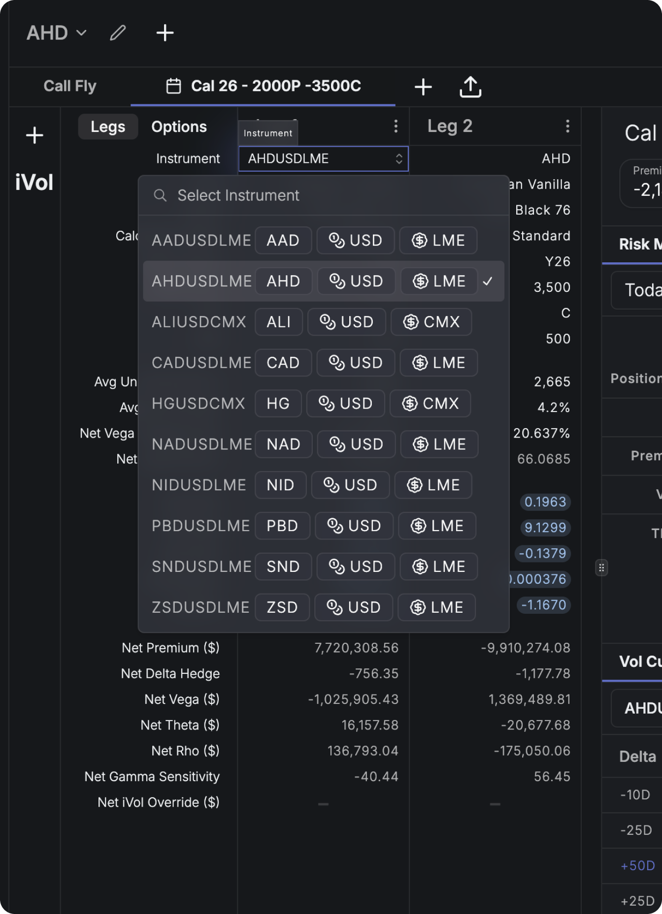 Option pricer instruments list