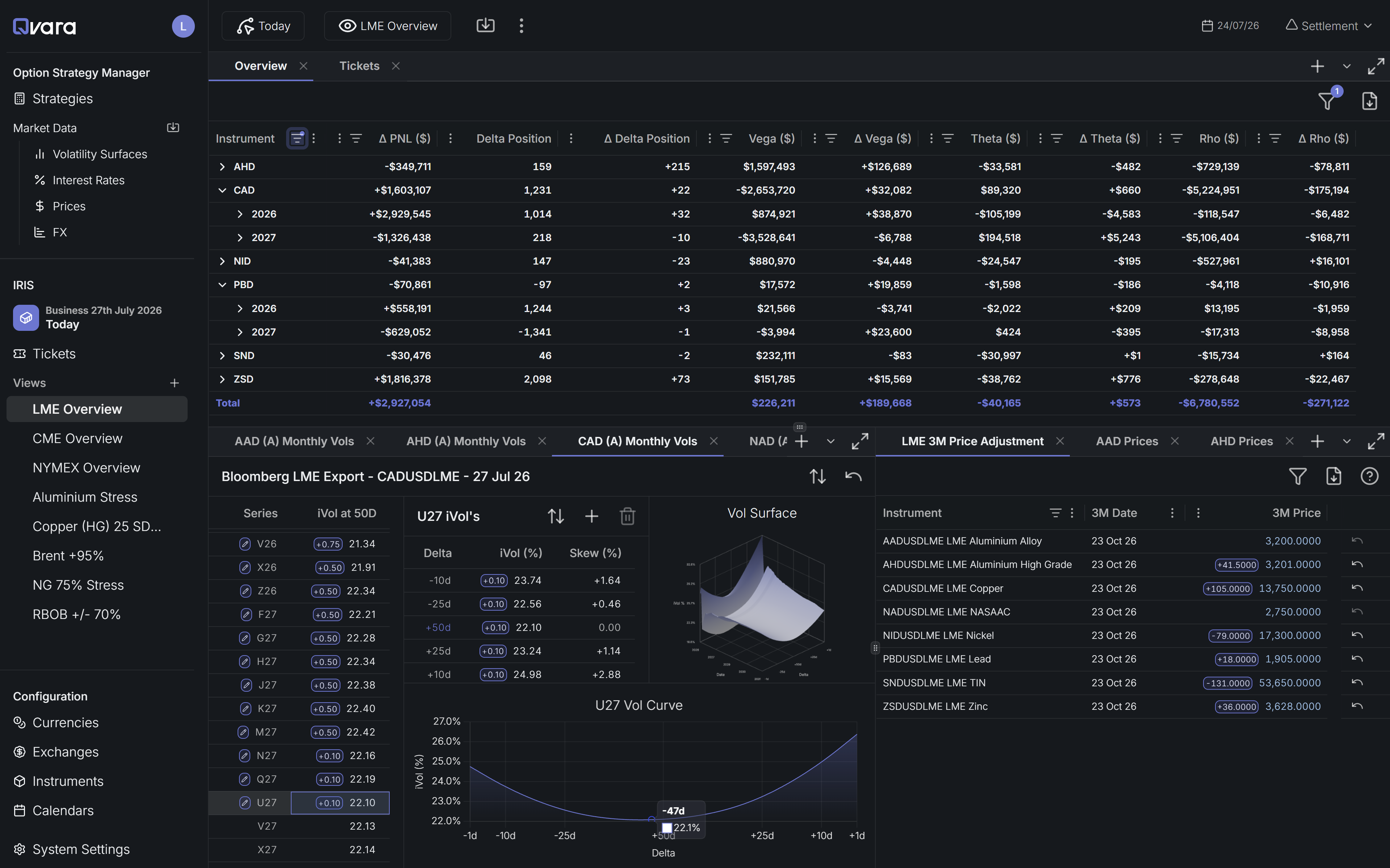 IRIS workspace screenshot: positions grid with monthly vols, vol surface and price adjustments